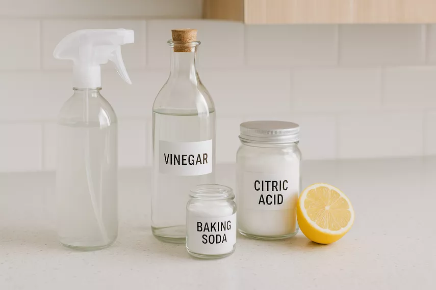 "Naturliga städprodukter på köksbänk – sprayflaska, ättika, bikarbonat och citronsyra används för miljövänlig rengöring i hemmet utan kemikalier"